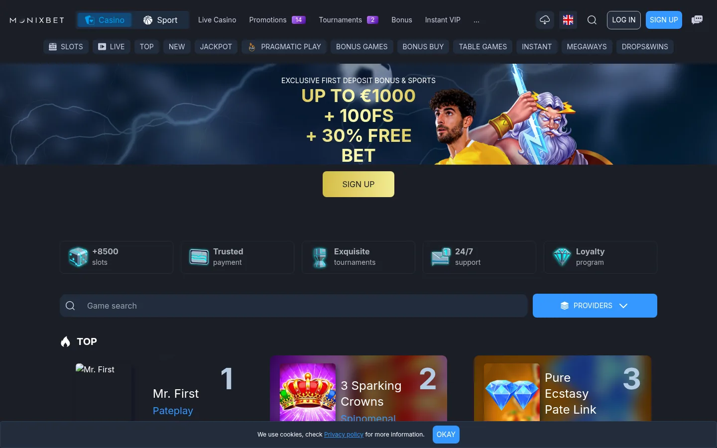 De startpagina van Monixbet met het welkomstaanbod en de spellen